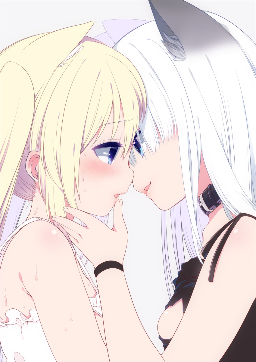 2girls animal_ear_fluff animal_ears black_dress blonde_hair blue_eyes blush cat_ears cat_girl collar dress eye_contact face-to-face from_side fujisaki_hikari hand_on_another's_face highres imminent_kiss long_hair looking_at_another multiple_girls open_mouth original smile sundress twintails upper_body very_long_hair white_dress white_hair yuri