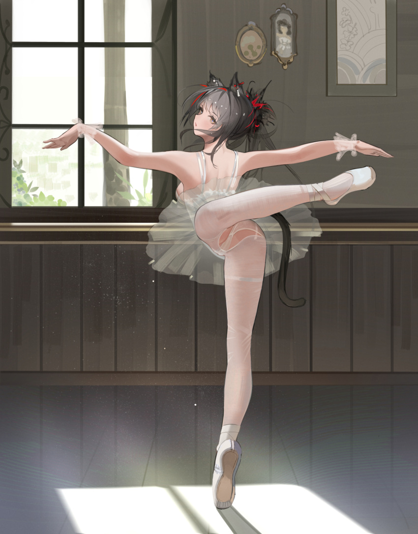 1girl alternate_costume animal_ears arknights ass ballerina ballet ballet_slippers bangs bare_legs bare_shoulders barre black_hair breasts brown_eyes cat_ears cat_girl cat_tail commentary crotchless crotchless_pantyhose da_(datako) dancing day dress en_pointe english_commentary eyebrows_visible_through_hair from_behind full_body highres indoors large_breasts leotard long_hair looking_at_viewer looking_back outstretched_arms pantyhose parted_lips reflective_floor schwarz_(arknights) see-through sideboob sleeveless sleeveless_dress solo sunlight tail tiptoes torn_clothes torn_legwear tutu upskirt white_dress white_footwear white_legwear window wrist_cuffs