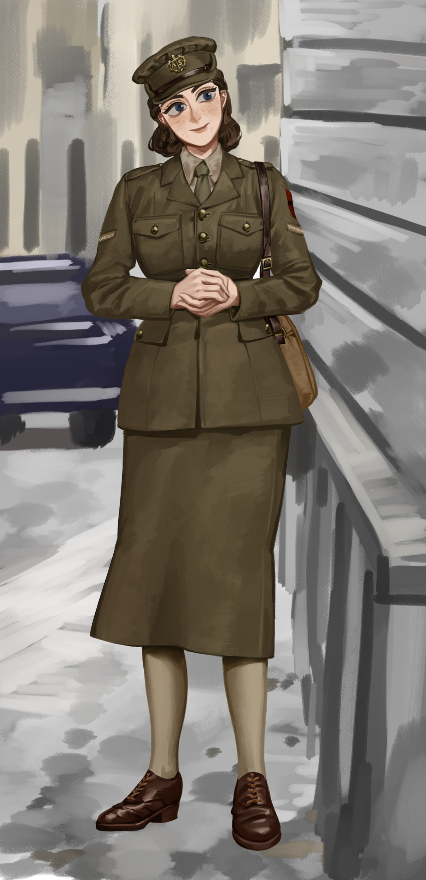 1girl absurdres auxiliary_territorial_service bag british british_army car full_body ground_vehicle handbag hat highres jacket military military_uniform motor_vehicle necktie original own_hands_clasped own_hands_together peaked_cap remora25 shirt skirt smile standing uniform world_war_ii