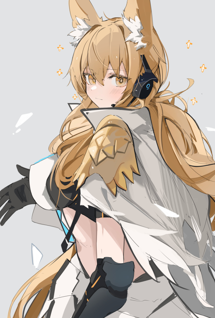1girl animal_ear_fluff animal_ears arknights black_gloves blonde_hair blush breasts brown_eyes cape closed_mouth elbow_gloves elbow_pads from_behind gloves grey_background headset highres horse_ears implied_extra_ears large_breasts long_hair looking_at_viewer looking_back mikozin nearl_(arknights) nearl_the_radiant_knight_(arknights) shoulder_pads simple_background solo sparkle upper_body white_cape