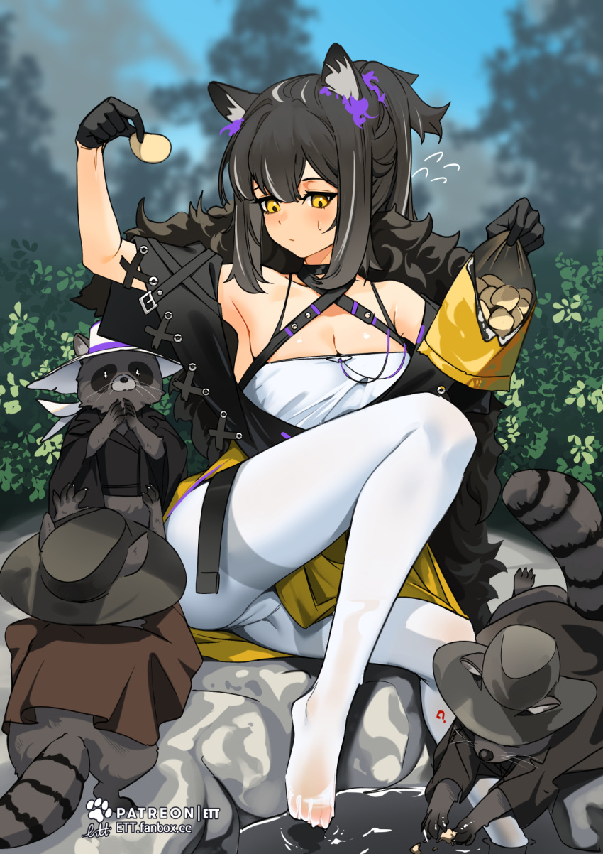1girl animal animal_ears arknights artist_logo bag black_gloves black_jacket breasts brown_hair chips cleavage ett food fur-trimmed_jacket fur_trim gloves hands_up highres holding holding_bag holding_food jacket long_hair medium_breasts official_alternate_costume open_bag open_clothes open_jacket outdoors pantyhose patreon_username plant ponytail potato_chips raccoon raccoon_ears raccoon_girl raccoon_tail robin_(arknights) robin_(gift_of_wild)_(arknights) shirt solo sweatdrop tail water web_address white_legwear white_shirt yellow_eyes
