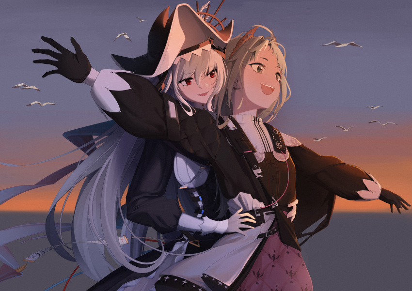 2girls absurdres alter_sang arknights bangs bird black_dress black_gloves black_headwear dress gloves grey_eyes grey_hair highres irene_(arknights) long_hair long_sleeves multiple_girls open_mouth outstretched_arms parody pointy_hat purple_skirt red_eyes seagull skirt smile specter_(arknights) specter_the_unchained_(arknights) spread_arms titanic yuri