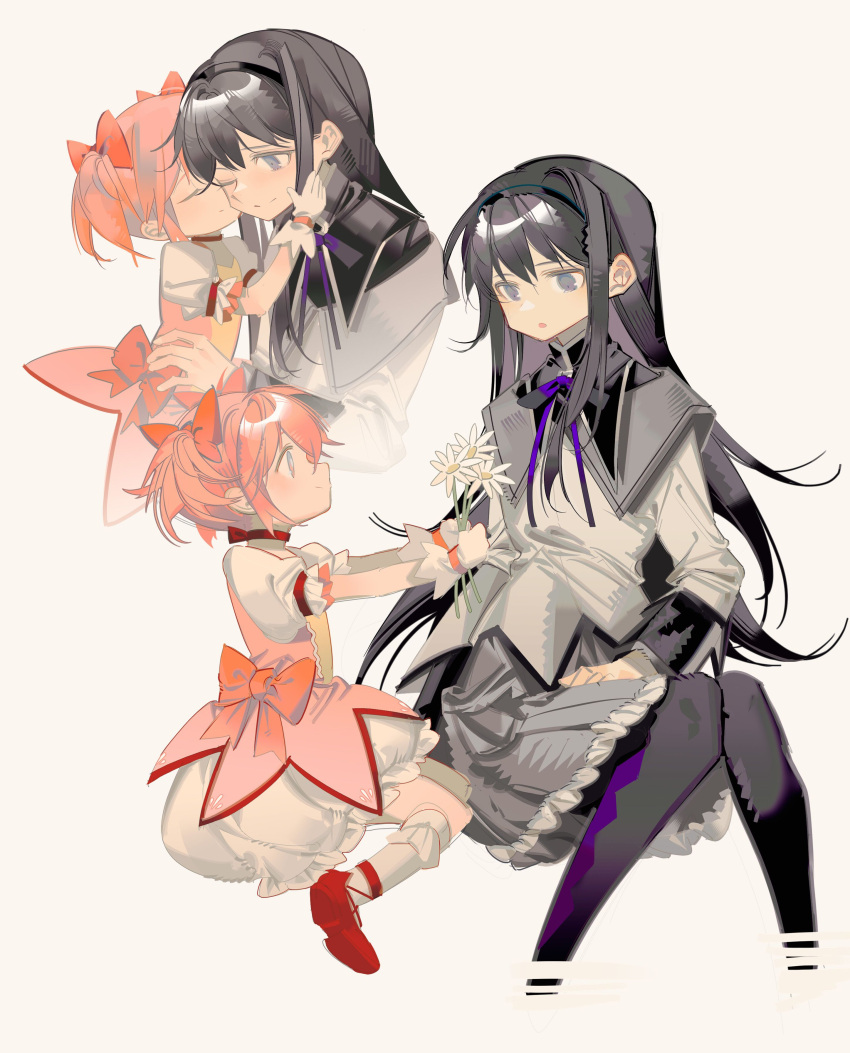 2girls :o absurdres akemi_homura alternate_size bangs black_hair black_hairband black_legwear black_skirt blue_eyes bow bow_choker bubble_skirt chinese_commentary choker closed_eyes commentary_request cropped_legs cropped_torso dress_bow eye_contact facing_another flower frilled_legwear giving gradient_eyes hair_bow hairband highres holding holding_flower kaname_madoka kiss kissing_cheek kneehighs long_hair looking_at_another mahou_shoujo_madoka_magica multicolored_eyes multiple_girls multiple_views neck_ribbon one_eye_closed outstretched_arms pink_hair profile puffy_short_sleeves puffy_sleeves red_choker red_footwear ribbon rin_lingsong shoes short_hair short_sleeves short_twintails simple_background sitting size_difference skirt smile twintails wariza white_legwear yellow_background yuri