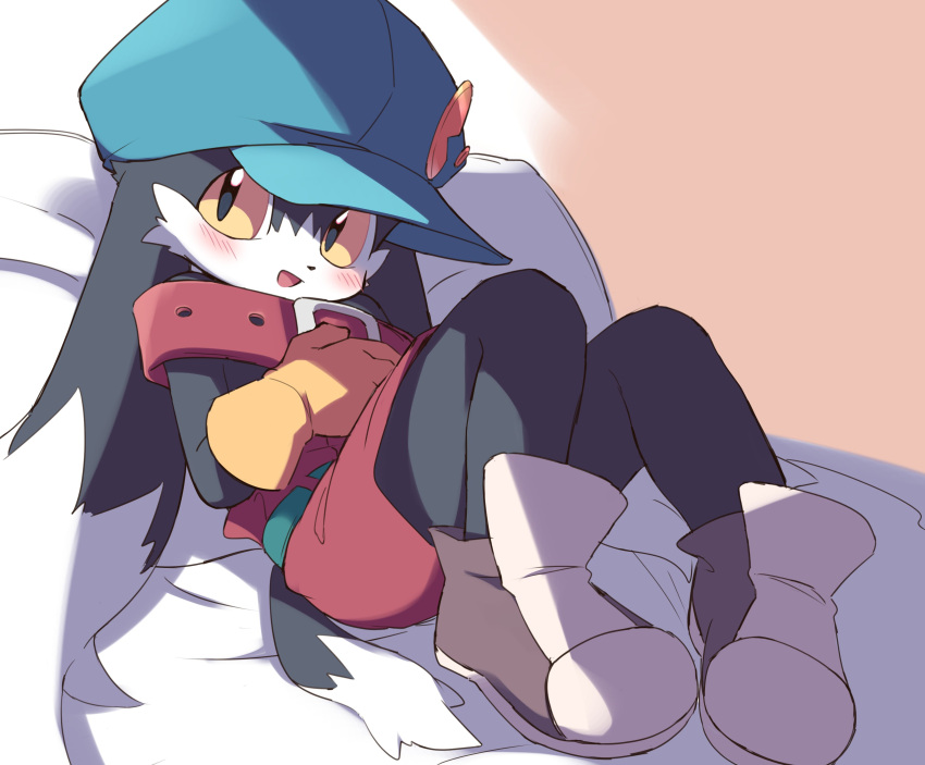 absurd_res anthro bed blush bottomwear clothing collar domestic_cat felid feline felis footwear furniture gloves handwear hat headgear headwear hi_res klonoa klonoa_(series) long_ears lying male mammal pillow shoes shorts smile solo touhunight video_games yellow_eyes