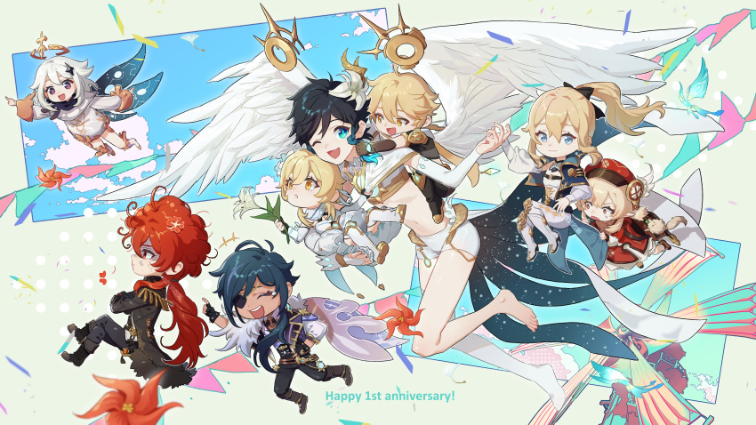 4boys 4girls absurdres aether_(genshin_impact) anniversary bangs blonde_hair blue_hair braid bug burnt burnt_hair butterfly carrying chibi closed_eyes coat confetti crossed_arms dandelion_seed dark-skinned_male dark_skin detached_sleeves diluc_(genshin_impact) dress eyepatch feathered_wings flower genshin_impact hair_flower hair_ornament halo hat highres holding holding_flower honlo jacket jean_(genshin_impact) kaeya_(genshin_impact) klee_(genshin_impact) laughing long_hair low_twintails lumine_(genshin_impact) multiple_boys multiple_girls one_eye_closed open_mouth paimon_(genshin_impact) pants parted_lips ponytail red_dress red_eyes red_flower red_hair red_headwear short_hair_with_long_locks shorts single_braid single_thighhigh tears thighhighs twin_braids twintails venti_(genshin_impact) vision_(genshin_impact) white_flower white_hair white_legwear white_wings windmill wings
