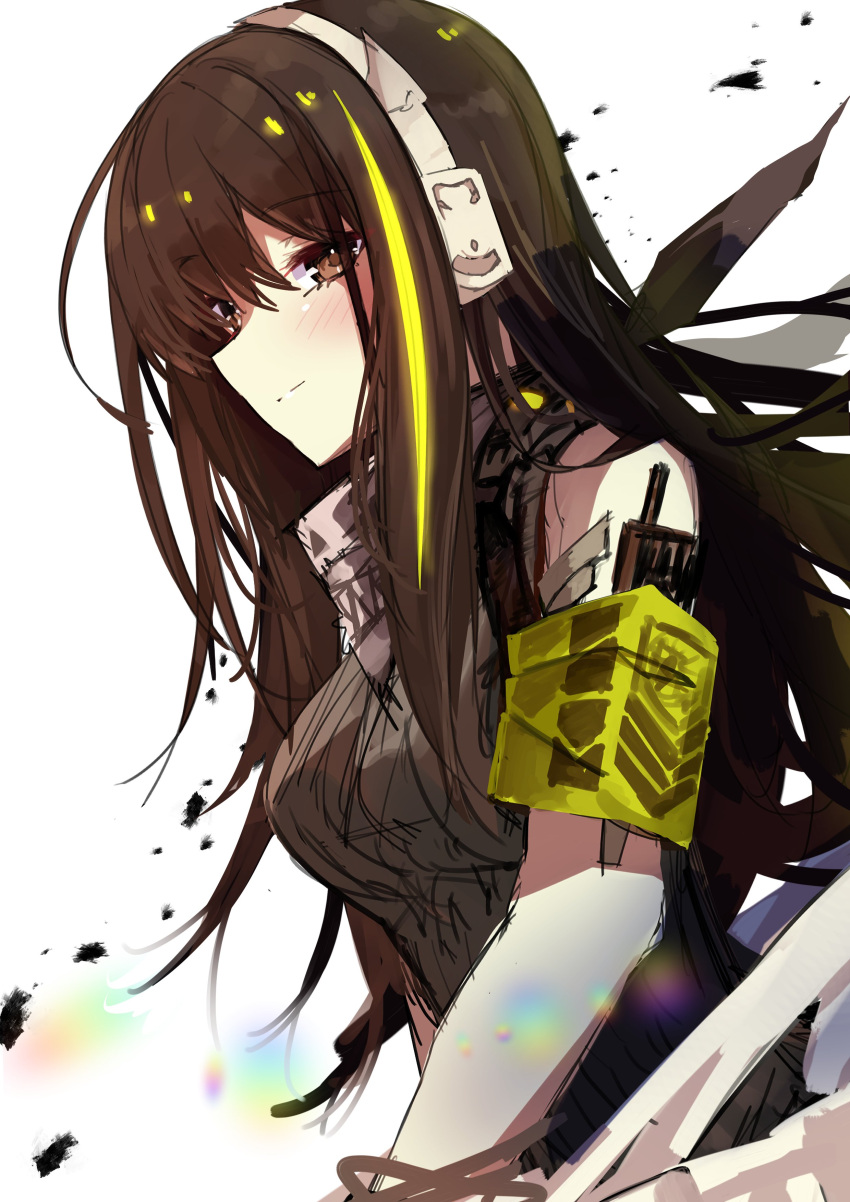 1girl absurdres armband breasts brown_eyes brown_hair eyebrows_visible_through_hair girls'_frontline green_hair green_sweater headset highres kamiya_mitobe long_hair m4a1_(girls'_frontline) mask mask_around_neck multicolored_hair simple_background sleeveless sleeveless_sweater solo streaked_hair sweater upper_body