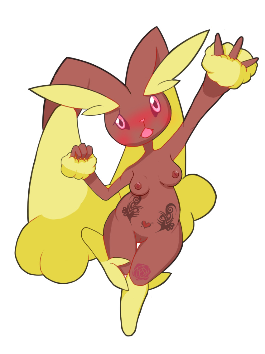 anthro areola arm_tattoo breasts brown_body female genitals hi_res lopunny mammal marth_wait nintendo nipples pok&eacute;mon pok&eacute;mon_(species) pussy simple_background solo tattoo video_games