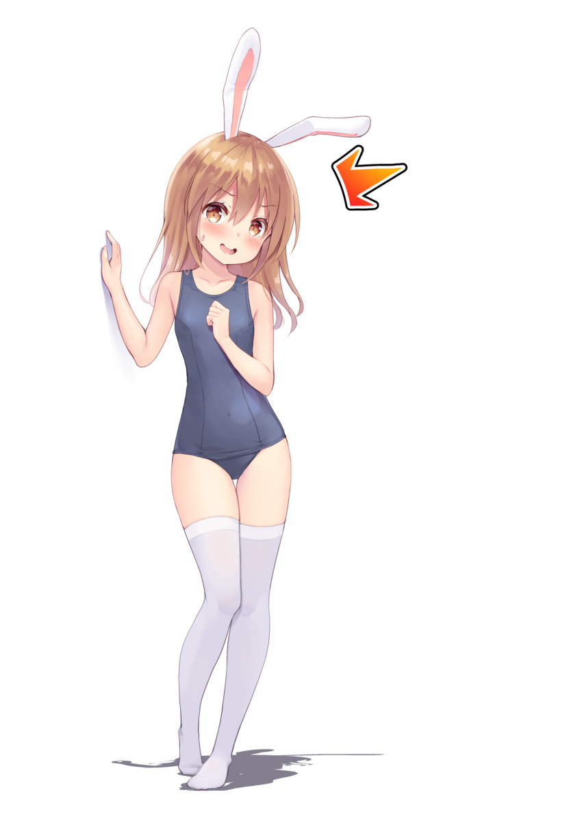 1girl animal_ears blue_swimsuit blush brown_eyes brown_hair full_body hand_on_own_chest hand_on_wall highres legs long_hair looking_at_viewer old_school_swimsuit one-piece_swimsuit open_mouth original rabbit_ears rabbit_girl school_swimsuit shadow simple_background solo swimsuit tenjou_ryuka thigh_gap thighhighs thighs white_background white_legwear