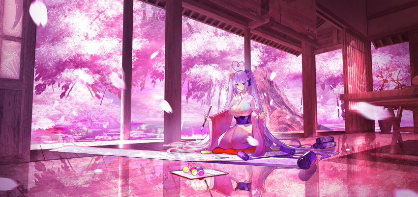 1girl absurdres ahoge bow breasts calligraphy calligraphy_brush cherry_blossom_print cherry_blossoms dango expressionless floral_print food furisode hair_bow hair_ornament hair_scrunchie heart heart_ahoge highres holding holding_brush huge_ahoge japanese_clothes kanzashi kimono large_breasts lily_pad long_hair looking_at_viewer niliu_chahui obi obiage on_pillow open_door original paintbrush pink_kimono pond porch purple_bow purple_hair purple_sash red_eyes reflection reflective_floor sash scroll scrunchie seiza sitting sliding_doors solo tree twintails very_long_hair wagashi wide_sleeves wind wind_chime x_hair_ornament