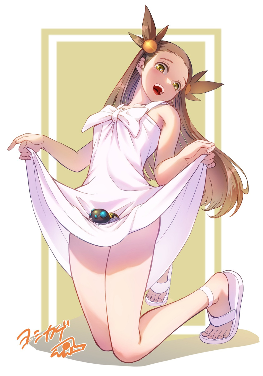 1girl bare_arms bow brown_hair clothes_lift commentary_request dress dress_lift forehead full_body hair_bobbles hair_ornament heavy_ball highres jasmine_(pokemon) kneeling long_hair looking_at_viewer open_mouth poke_ball pokemon pokemon_(game) pokemon_gsc sandals solo teeth toes tongue two_side_up ultra_ball upper_teeth white_bow white_dress white_footwear yellow_eyes yoshikage_(yo4kage)