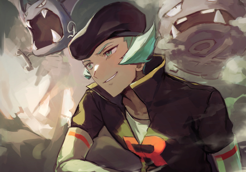 1boy black_headwear black_jacket elbow_gloves gloves golbat green_eyes green_hair hat highres jacket logo male_focus maumaujanken parted_lips pokemon pokemon_(creature) pokemon_(game) pokemon_hgss popped_collar proton_(pokemon) shirt short_hair smile smoke team_rocket team_rocket_uniform weezing white_gloves white_shirt