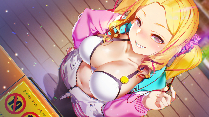 1girl adella_(some_some_convenience_store) bangs black_pants blonde_hair blush bra breasts cleavage collarbone earphones emoji floor from_above game_cg hair_ornament hair_scrunchie highres indoors jacket korean_text long_hair long_sleeves looking_at_viewer looking_up multicolored_hair navel open_clothes open_jacket pants parted_bangs parted_lips pink_jacket purple_eyes scrunchie smile solo some_some_convenience_store standing stomach streaked_hair talesshop teeth translation_request twintails underwear white_bra