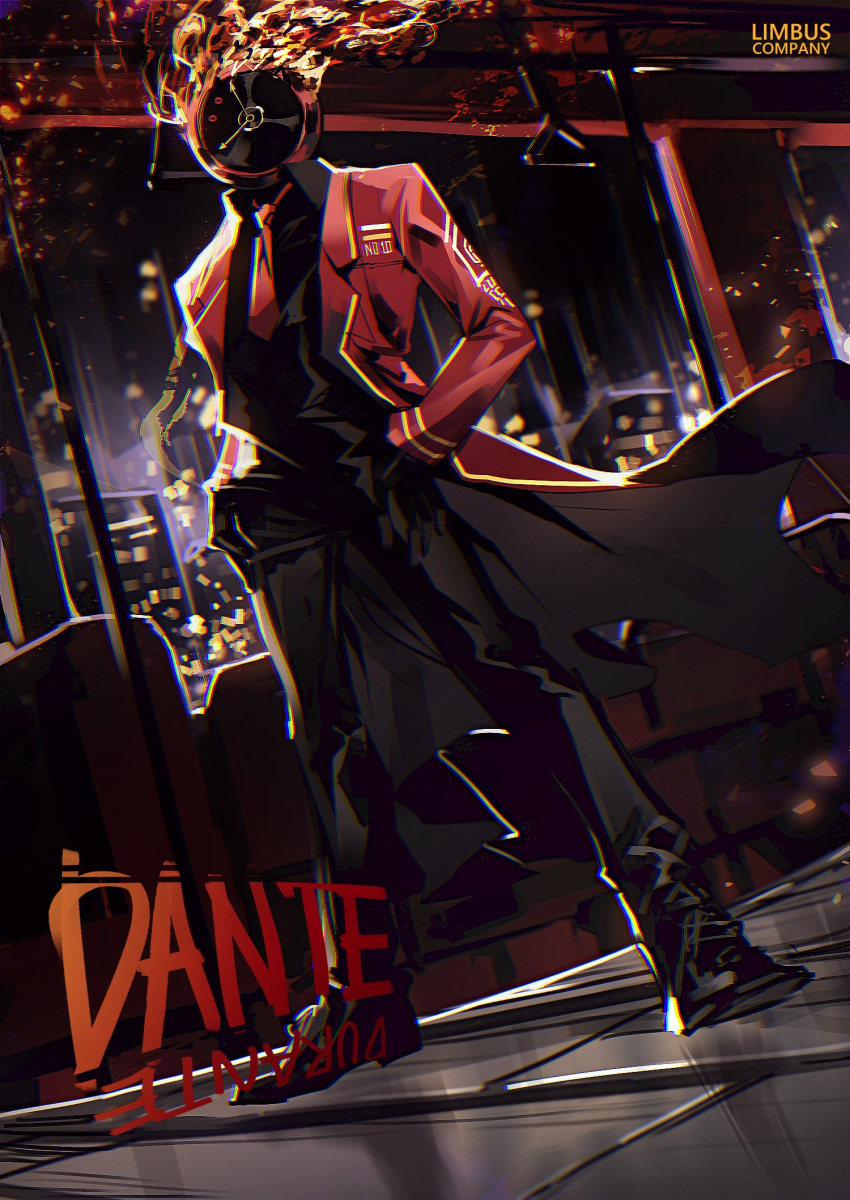 1other black_footwear black_pants character_name cityscape clock fire formal full_body hands_in_pockets highres jacket limbus_company necktie pants project_moon red_jacket red_necktie rem_(remitomytomy) shirt train_interior