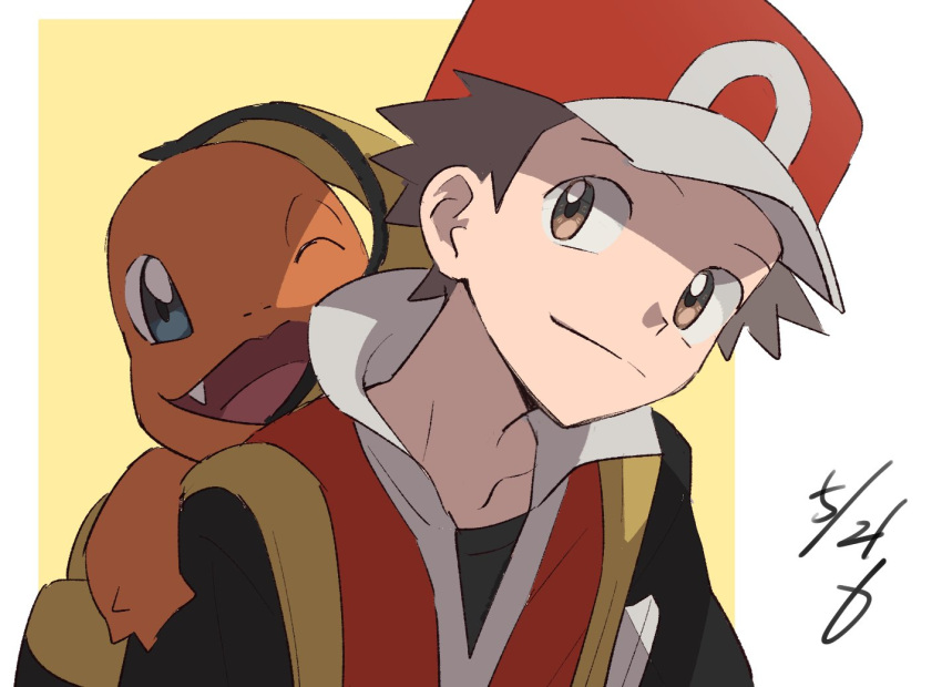 1boy backpack bag baseball_cap border brown_eyes brown_hair charmander closed_mouth commentary_request hat jacket male_focus pokemon pokemon_(creature) pokemon_(game) pokemon_frlg pokemon_on_back red_(pokemon) red_headwear red_jacket shirt short_hair sleeveless sleeveless_jacket smile spiked_hair t-shirt three_guo white_border yellow_background yellow_bag