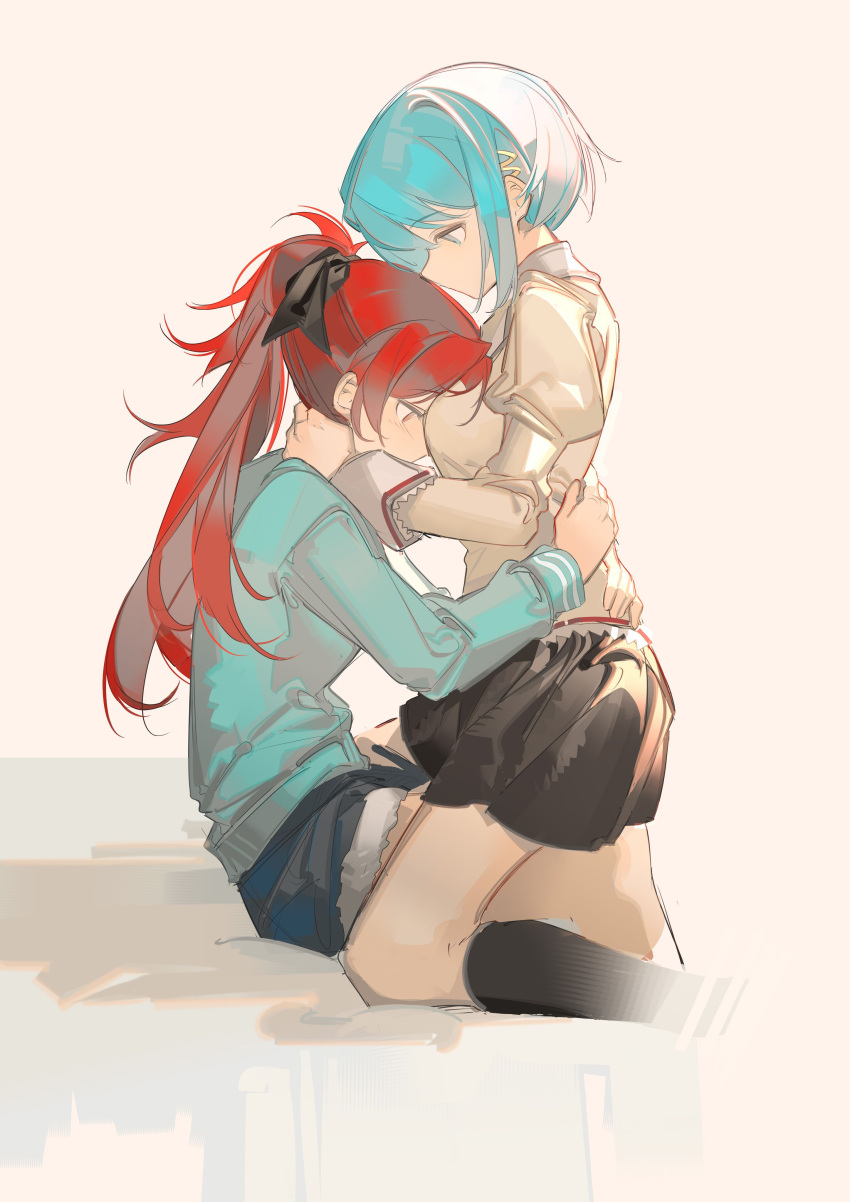 2girls absurdres black_legwear black_skirt blue_hair blue_jacket blue_shorts bow chinese_commentary commentary_request cropped_legs denim denim_shorts from_side grey_background hair_bow half-closed_eyes hand_on_another's_neck hands_on_another's_back head_on_chest high_ponytail highres hug jacket kneehighs light_blush long_hair long_sleeves looking_at_another mahou_shoujo_madoka_magica miki_sayaka multiple_girls profile red_eyes red_hair rin_lingsong sakura_kyouko school_uniform short_hair shorts simple_background sitting skirt