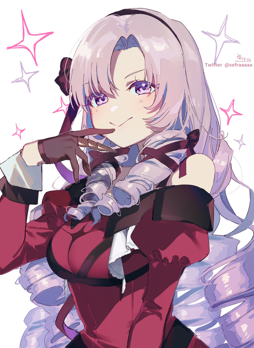 1girl absurdres bangs bare_shoulders black_gloves black_hairband black_ribbon bow breasts dress drill_hair eyebrows_visible_through_hair finger_to_mouth gloves hair_bow hair_ribbon hairband highres hyakumantenbara_salome large_breasts light_purple_eyes light_purple_hair long_hair long_sleeves looking_at_viewer nijisanji off-shoulder_dress off_shoulder parted_bangs puffy_long_sleeves puffy_sleeves purple_dress ribbon simple_background smile sofra solo sparkle very_long_hair virtual_youtuber white_background