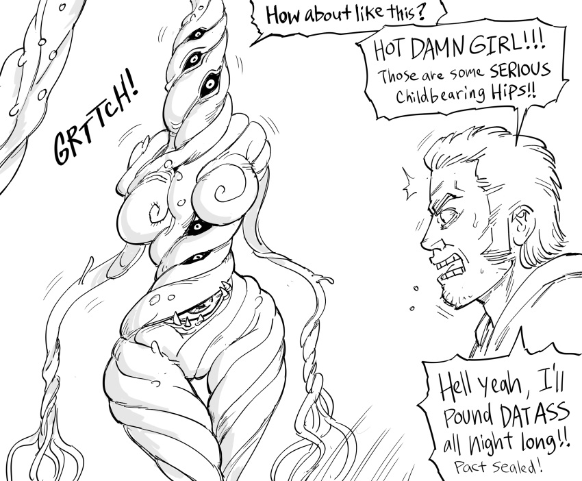 2021 ambiguous_gender baalbuddy breasts comic duo eldritch_horror english_text facial_hair hair hi_res human humor male mammal monochrome multi_eye open_mouth sideburns tentacle_monster tentacles text wide_eyed wide_hips
