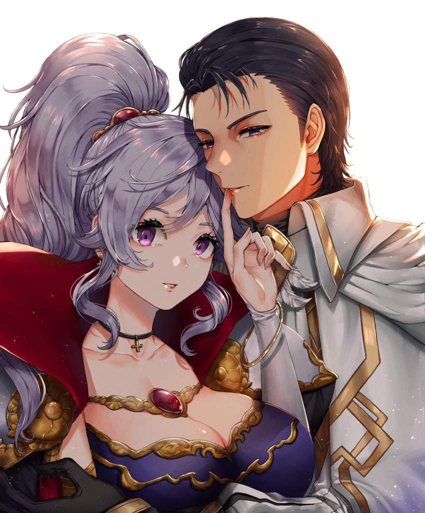 1boy 1girl bangs black_hair breasts choker cleavage commission commissioner_upload couple finger_to_mouth fire_emblem fire_emblem:_genealogy_of_the_holy_war fire_emblem_heroes hair_ornament hetero highres ishtar_(fire_emblem) jewelry large_breasts long_hair looking_at_viewer non-web_source official_alternate_costume ponytail purple_eyes reinhardt_(fire_emblem) upper_body wani_(fadgrith)