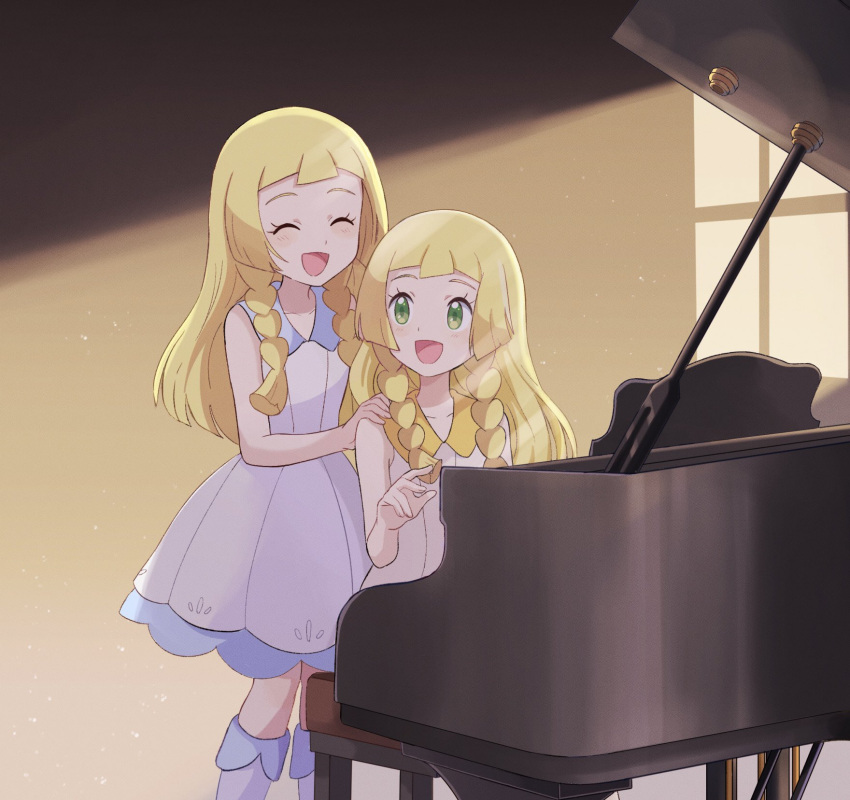 2girls :d bangs bare_arms blonde_hair blush braid closed_eyes collared_dress commentary_request dress eyelashes green_eyes highres indoors instrument kneehighs lillie_(pokemon) long_hair mei_(maysroom) multiple_girls open_mouth piano pokemon pokemon_(anime) pokemon_journeys smile tongue twin_braids white_dress white_legwear