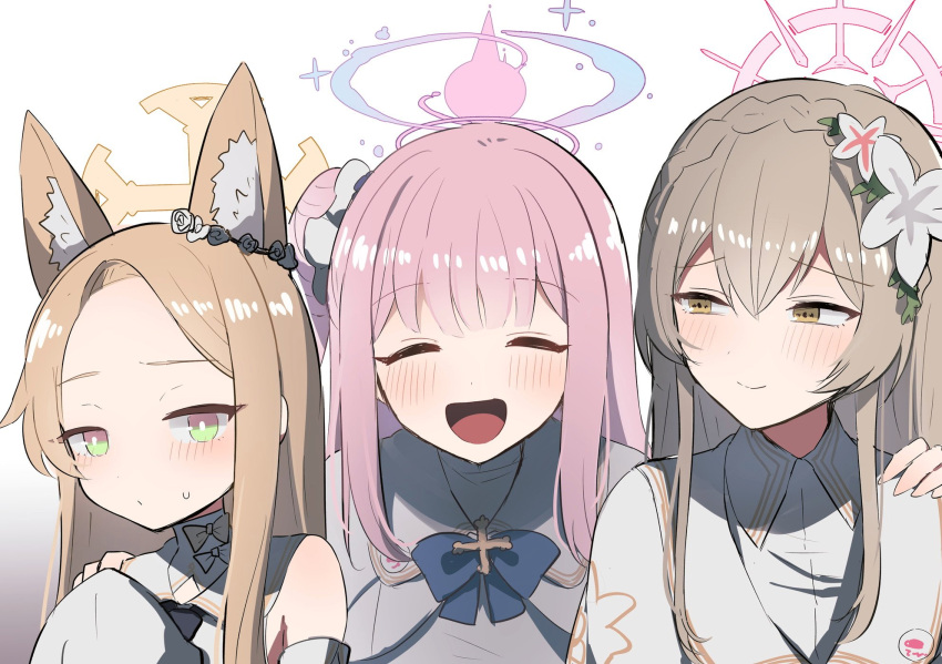 3girls :d animal_ear_fluff animal_ears badge blonde_hair blue_archive blue_bow blue_bowtie blush bow bowtie button_badge closed_eyes eyebrows_visible_through_hair facing_viewer flower green_eyes hair_between_eyes hair_flower hair_ornament halo highres light_brown_hair long_hair looking_at_another looking_at_viewer mika_(blue_archive) mottirimuttiri multiple_girls nagisa_(blue_archive) pink_hair portrait sailor_collar seia_(blue_archive) side_bun simple_background smile white_background white_sailor_collar yellow_eyes