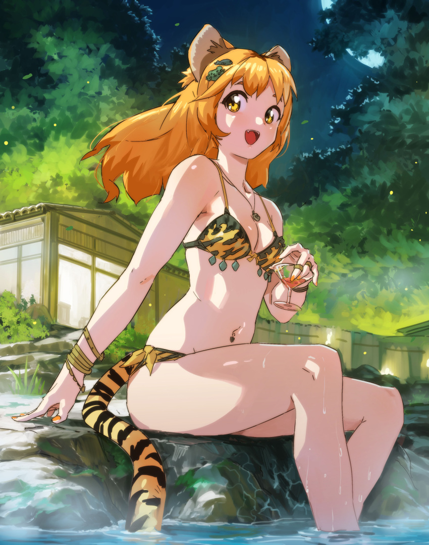 1girl absurdres animal_ears animal_print bangle bangs bikini bracelet breasts building chinese_zodiac cocktail_glass cup drinking_glass fang hair_ornament highres holding holding_cup jewelry letro long_hair medium_breasts moon multicolored_hair nail_polish necklace night open_mouth orange_hair orange_nails original outdoors rock sitting sky soaking_feet solo swimsuit tail tiger_ears tiger_girl tiger_print tiger_tail tree water wet year_of_the_tiger yellow_eyes