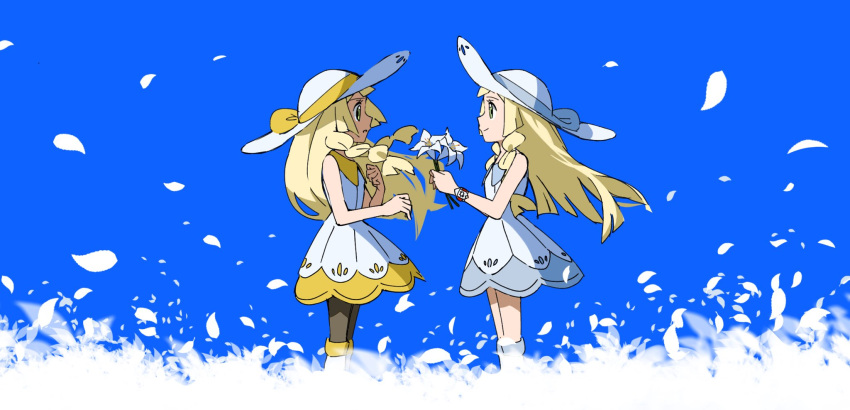 2girls bare_arms blonde_hair blue_background bracelet braid closed_mouth collared_dress commentary_request dress falling_petals flower from_side green_eyes hat hat_ribbon highres holding holding_flower hungry_seishin jewelry lillie_(pokemon) lily_(flower) long_hair multiple_girls pantyhose petals pokemon pokemon_(anime) pokemon_journeys ribbon sleeveless sleeveless_dress smile white_dress white_flower white_headwear yellow_ribbon z-ring