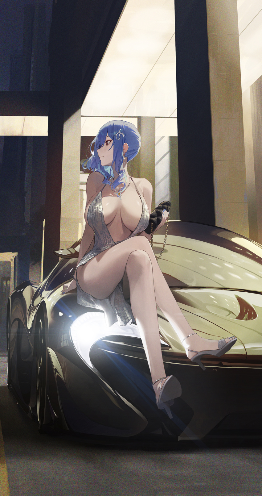 1girl absurdres azur_lane backless_dress backless_outfit bag bangs bare_legs bare_shoulders blue_hair breasts breasts_apart car closed_mouth crossed_legs dress earrings evening_gown eyebrows_visible_through_hair full_body glint grey_dress grey_footwear ground_vehicle halter_dress halterneck handbag headlight high_heels highres holding holding_bag jewelry large_breasts long_hair looking_afar looking_away looking_to_the_side mclaren mclaren_p1 midriff modare motor_vehicle nail_polish necklace on_vehicle outdoors pillar plunging_neckline product_placement profile red_eyes revealing_clothes side_ponytail sitting sitting_on_car solo sports_car st._louis_(azur_lane) st._louis_(luxurious_wheels)_(azur_lane) toenail_polish toenails wavy_hair