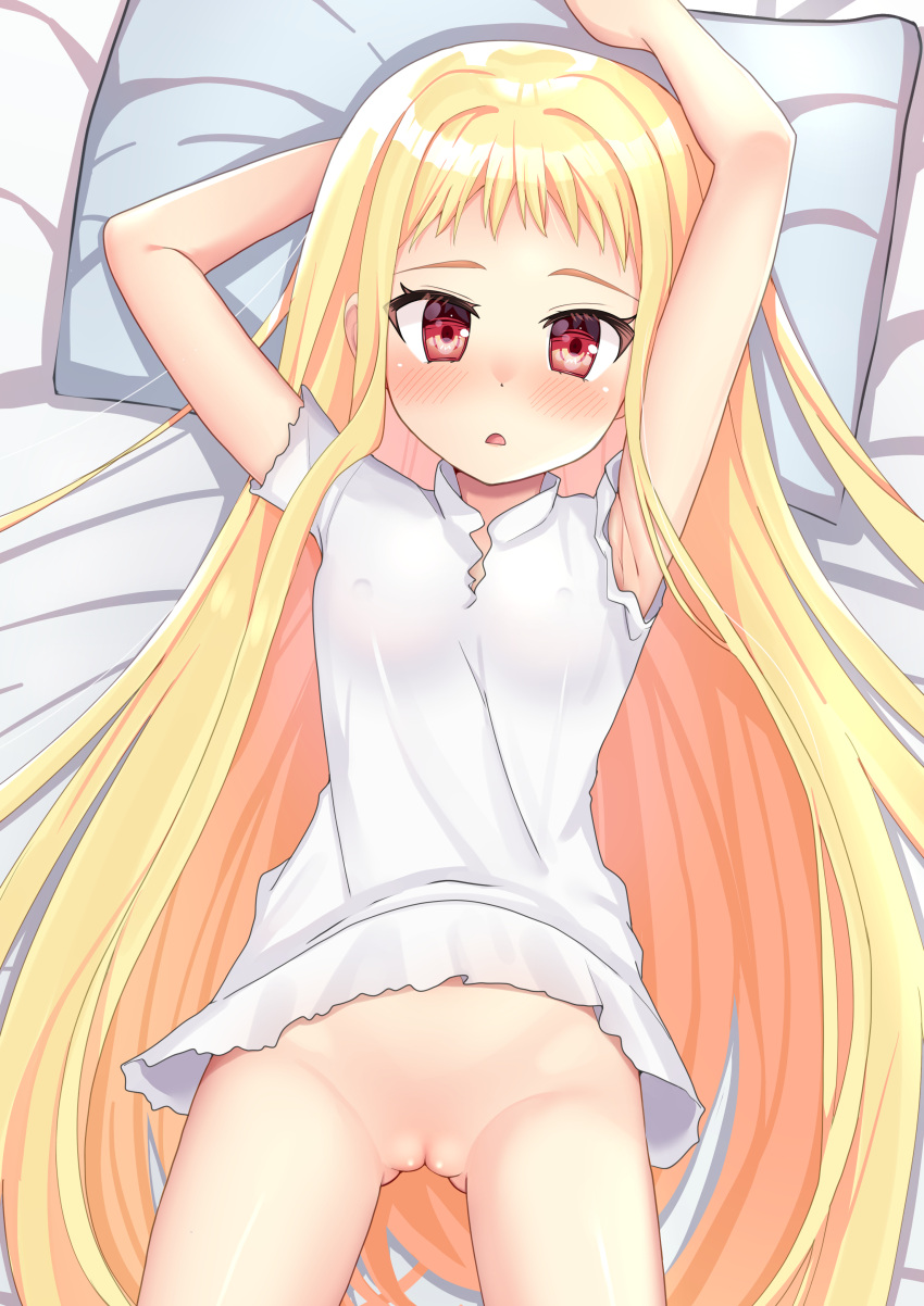 1girl absurdres ao_(flowerclasse) armpits arms_up ass_visible_through_thighs bed_sheet blonde_hair breasts commentary_request commission covered_nipples dress highres long_hair looking_at_viewer lucy_(mx0) lying mx0 no_pants on_back pillow pussy red_eyes short_sleeves small_breasts solo thick_eyebrows uncensored very_long_hair white_dress