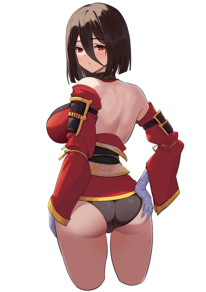 1girl absurdres ass bandaged_hand bandages bare_back black_hair black_panties blush breasts cropped_legs detached_sleeves dishuitangni hair_between_eyes hand_on_own_ass highres kunoichi_kaen large_breasts last_origin looking_at_viewer looking_back no_pants panties red_eyes shoulder_blades simple_background solo underwear white_background