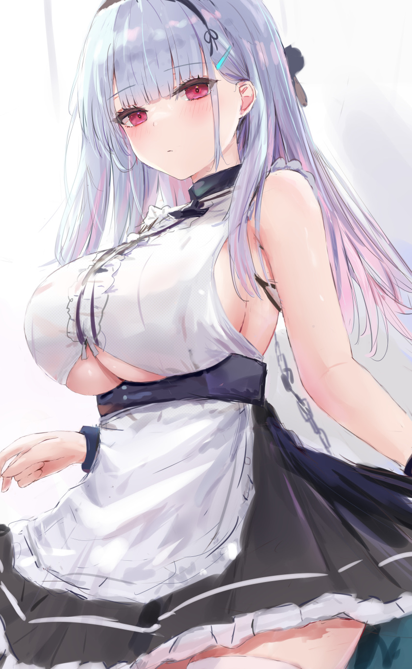 1girl absurdres azur_lane bangs blunt_bangs blush breasts cleavage closed_mouth dido_(azur_lane) frills hair_ornament hairpin highres large_breasts light_blue_hair long_hair looking_at_viewer lshiki maid_headdress multicolored_hair pink_hair red_eyes sideboob solo thighhighs underboob white_legwear