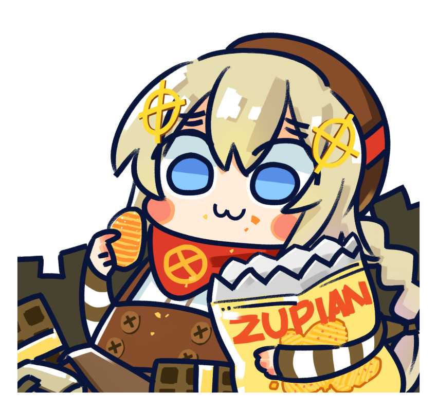 1girl :3 beret blonde_hair blue_eyes blush_stickers chibi chips crumbs fnc_(girls'_frontline) food girls'_frontline hair_between_eyes hat highres long_hair official_art solo su_xiao_jei very_long_hair
