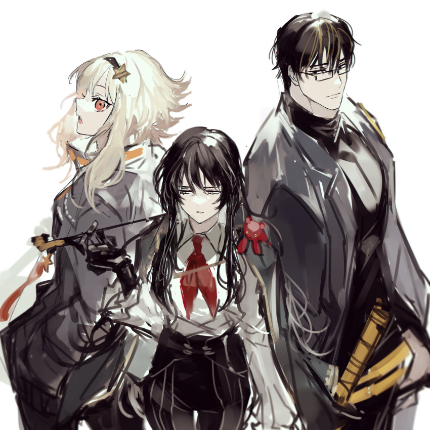 1boy 2girls alternate_hairstyle bangle black_hair blonde_hair bracelet ezra_(the_distortion_detective) glasses hands_in_pockets highres jewelry long_hair long_sleeves moses_(the_distortion_detective) multicolored_hair multiple_girls project_moon red_eyes rem_(remitomytomy) scabbard sheath sheathed shirt short_sleeves smoking_pipe stuffed_animal stuffed_toy teddy_bear the_distortion_detective vespa_(the_distortion_detective)