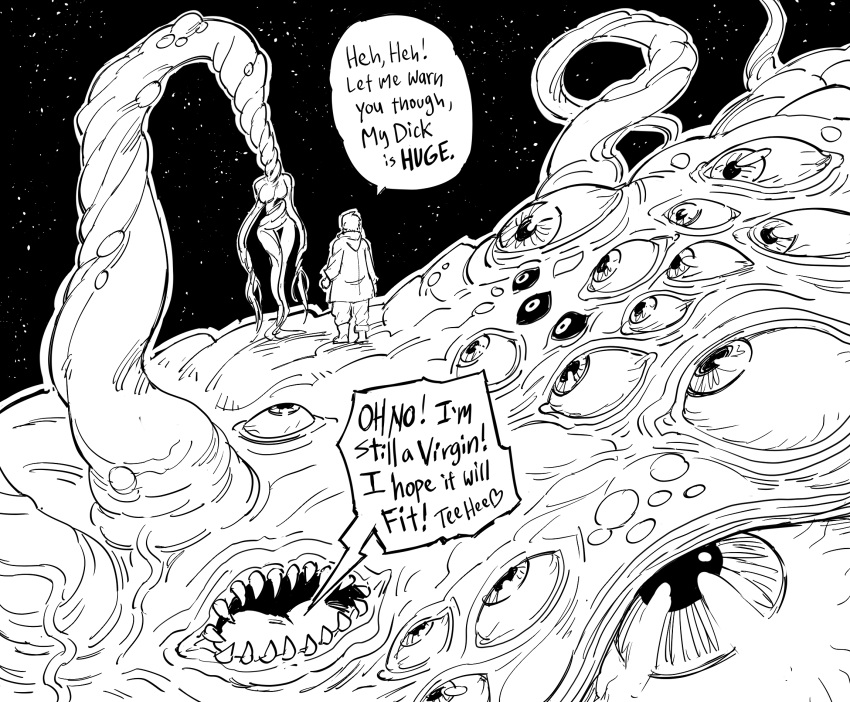 2021 ambiguous_gender baalbuddy clothed clothing comic duo eldritch_horror english_text hi_res human humor male mammal monochrome multi_eye sharp_teeth teeth tentacle_monster tentacles text