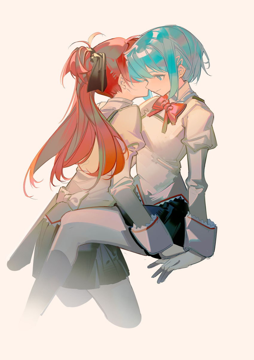 2girls absurdres between_legs black_skirt blue_eyes blue_hair bow bowtie chinese_commentary commentary_request covered_eyes cropped_legs from_side grey_background hair_bow hand_on_another's_hand high_ponytail highres long_hair mahou_shoujo_madoka_magica miki_sayaka multiple_girls red_bow red_bowtie red_hair rin_lingsong sakura_kyouko school_uniform short_hair simple_background skirt smile yuri