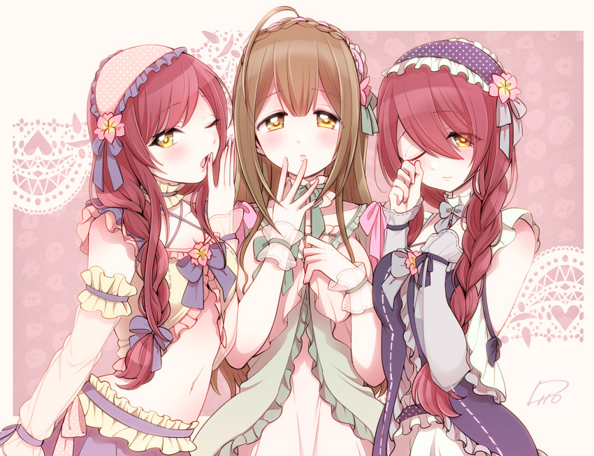 3girls ahoge alstroemeria_(idolmaster) arm_at_side blue_bow blue_shirt blue_skirt blush bow bow_choker braid breasts brown_hair choker cleavage clothing_cutout commentary_request detached_sleeves dress eyebrows_visible_through_hair flip_(diiolive) flower frilled_choker frilled_dress frilled_hairband frilled_shirt frilled_sleeves frills green_bow green_dress grey_bow hair_flower hair_ornament hair_over_breasts hair_over_shoulder hairband half_updo hand_on_own_chest hand_over_face idolmaster idolmaster_shiny_colors kuwayama_chiyuki large_breasts light_brown_hair looking_at_viewer medium_breasts midriff multiple_girls navel one_eye_closed osaki_amana osaki_tenka patterned_background pink_bow rubbing_eyes see-through see-through_cuffs see-through_sleeves shirt shirt_bow shoulder_cutout siblings sisters skirt sleeveless sleeveless_dress sleeveless_shirt standing twins white_dress wrist_cuffs yawning yellow_eyes yellow_shirt yellow_skirt