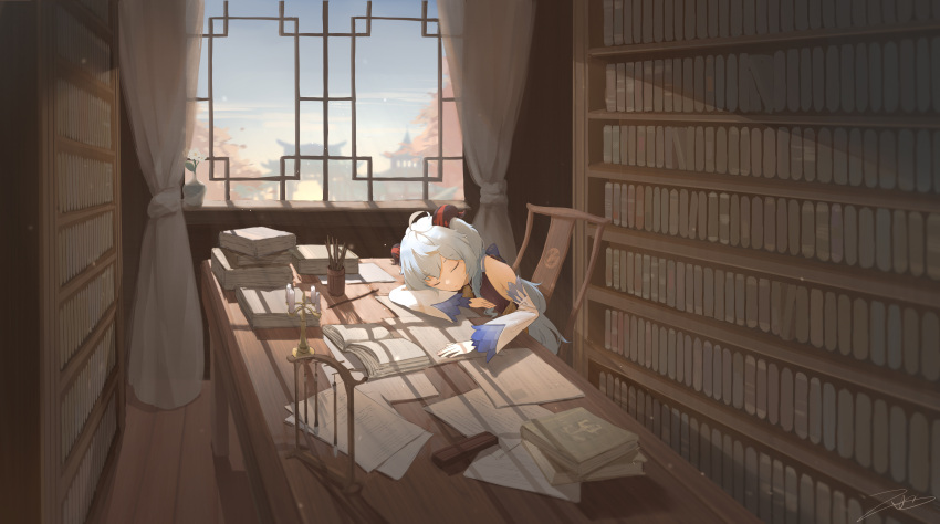 1girl absurdres ahoge ame999 bare_shoulders blue_hair book bookshelf candlestand chair curtains detached_sleeves ganyu_(genshin_impact) genshin_impact highres horns indoors no_gloves paper pen scenery sitting sleeping solo table window