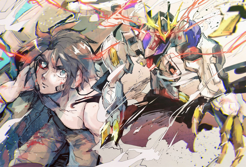 1boy bangs black_hair bleeding blood blood_from_eyes blue_eyes claws commentary dust_cloud glowing glowing_eyes gundam gundam_barbatos gundam_barbatos_lupus_rex gundam_tekketsu_no_orphans highres kare_(0621utak) leaning_forward looking_at_viewer male_focus mecha mikazuki_augus mobile_suit open_hand science_fiction short_hair v-fin