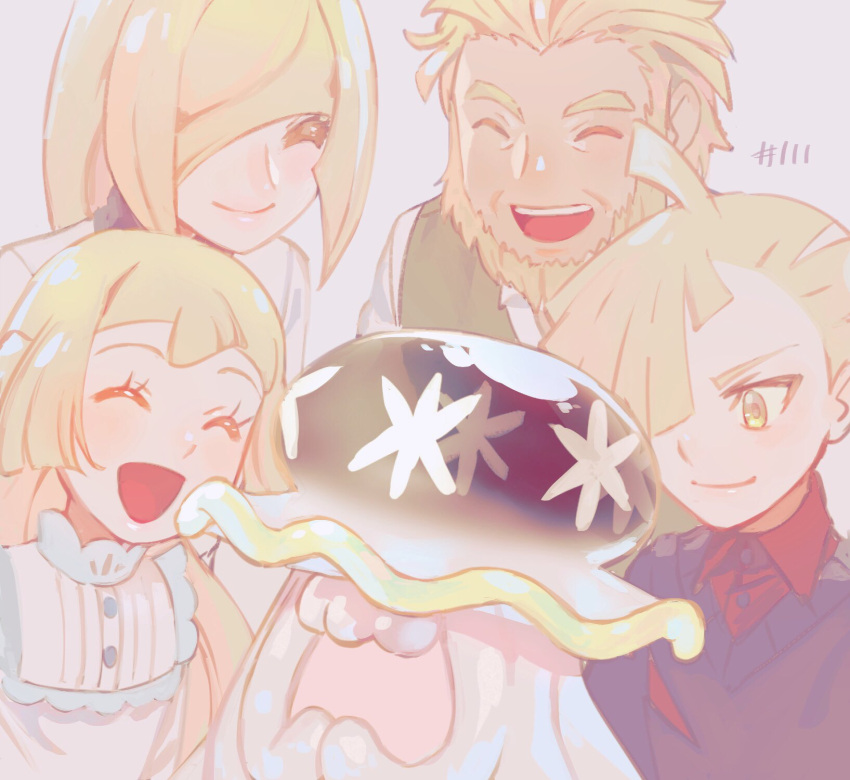 2boys 2girls :d ^_^ ahoge alternate_color bangs blonde_hair buttons closed_eyes closed_mouth commentary_request eyelashes family gladion_(pokemon) green_eyes hair_over_one_eye happy highres lillie_(pokemon) long_hair lusamine_(pokemon) mohn_(pokemon) multiple_boys multiple_girls nihilego ogege_(ogege_kyit) open_mouth pokemon pokemon_(anime) pokemon_(creature) pokemon_journeys shiny_pokemon smile ultra_beast