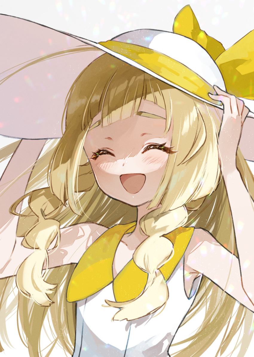 1girl :d bangs bare_arms blonde_hair blush braid closed_eyes collared_dress commentary_request dress eyelashes hands_on_headwear happy hat hat_ribbon highres lillie_(pokemon) long_hair open_mouth pokemon pokemon_(anime) pokemon_journeys ribbon sasairebun sleeveless sleeveless_dress smile solo tongue twin_braids upper_body white_background white_dress white_headwear yellow_ribbon