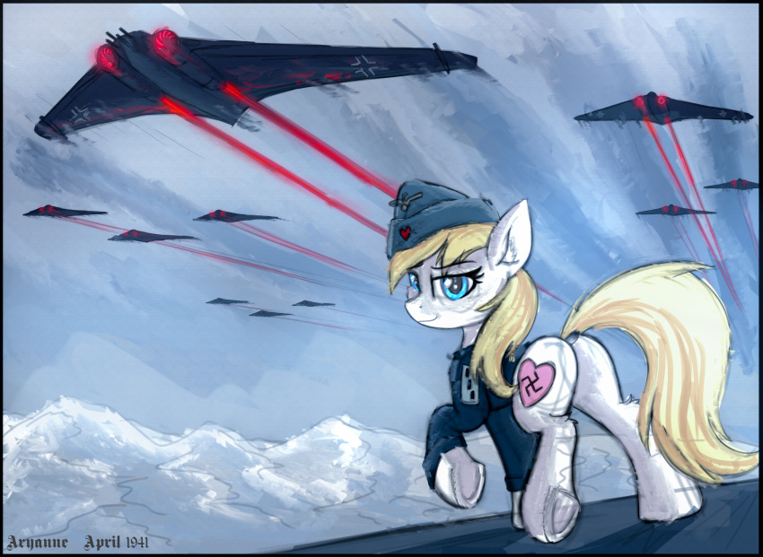 &lt;3 absurd_res aircraft aryanne_(character) atlas-66 blonde_hair blue_eyes clothing cutie_mark earth_pony equid equine fan_character flying hair hasbro hat headgear headwear hi_res horse mammal my_little_pony nazi pony swastika wolfenstein