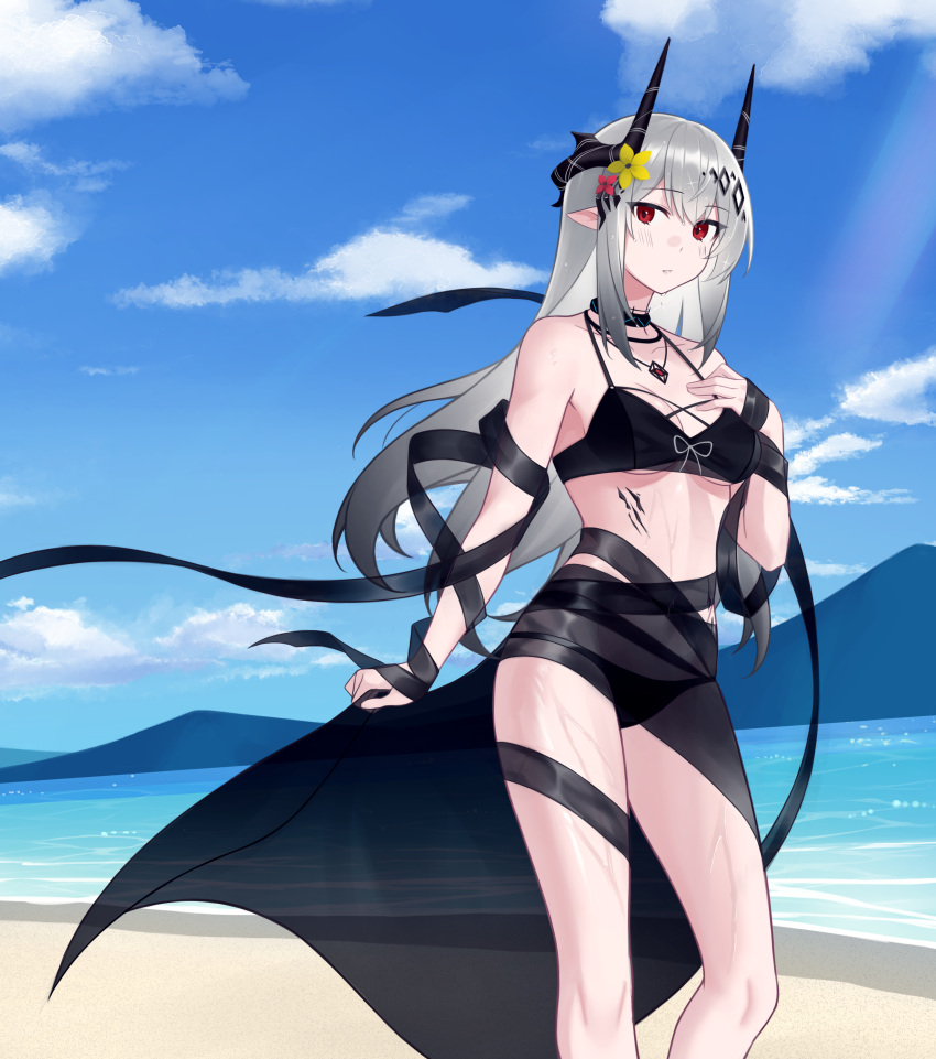 1girl absurdres arknights bacon_quiche bangs bare_shoulders beach black_choker blue_sky breasts chinese_commentary choker cleavage cloud commentary_request day eyebrows_visible_through_hair feet_out_of_frame flower hair_flower hair_ornament hand_on_hip highres horns infection_monitor_(arknights) jewelry long_hair looking_at_viewer mudrock_(arknights) mudrock_(silent_night)_(arknights) necklace ocean parted_lips pointy_ears red_eyes sarong sidelocks sky small_breasts solo standing thighs very_long_hair water white_hair yellow_flower