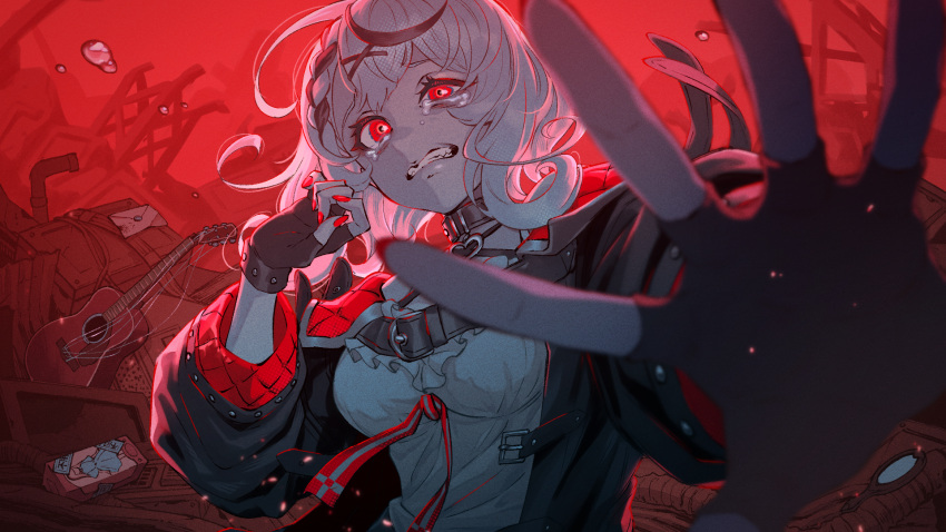 belt breasts collar crying crying_with_eyes_open grey_hair highres hololive holox jacket kura1582 official_art red_eyes ribbon sakamata_chloe shirt solo tears teeth virtual_youtuber white_shirt