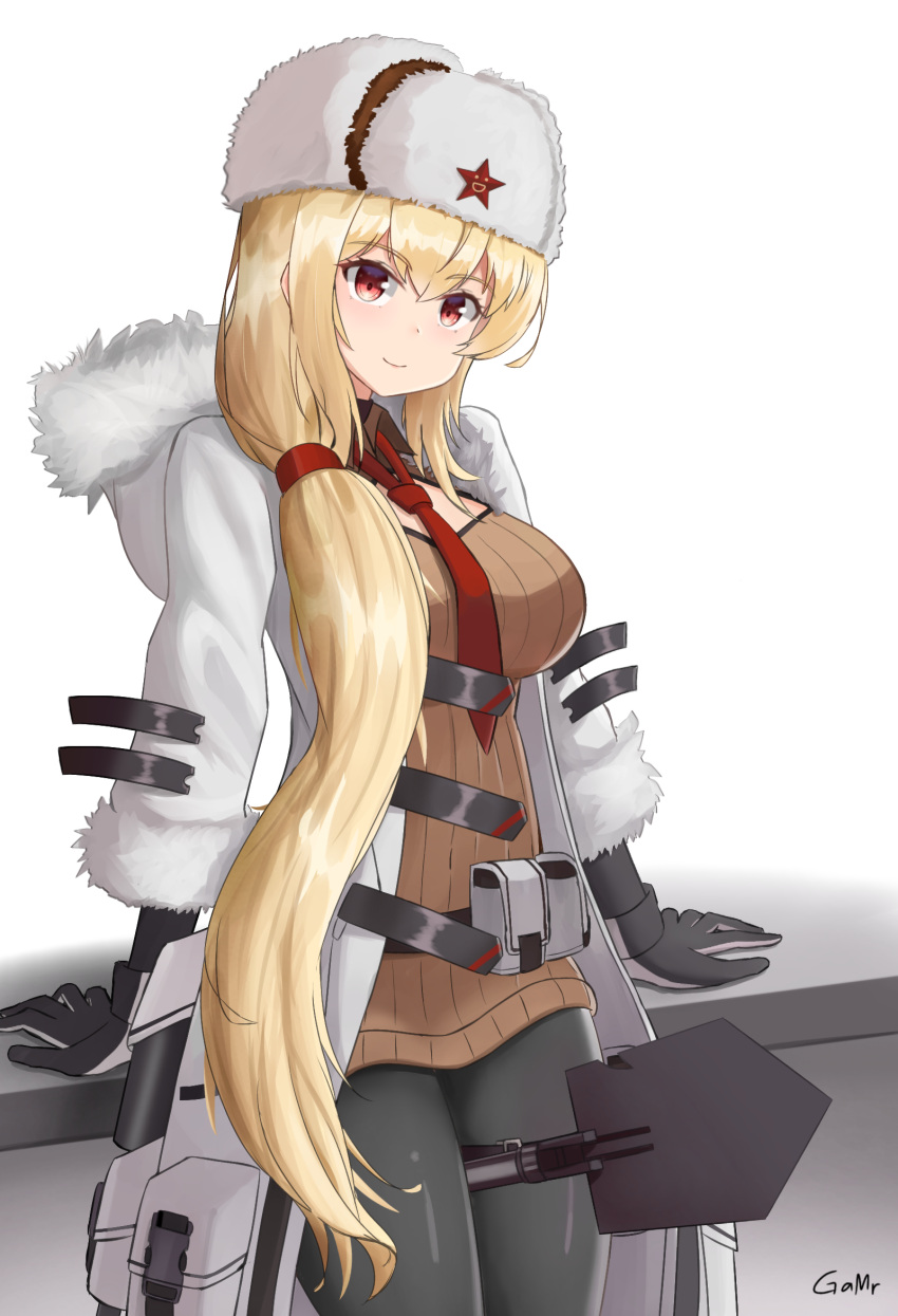 1girl arms_behind_back artist_name bangs belt_bag black_gloves black_legwear blonde_hair blush breasts brown_sweater closed_mouth coat cosplay english_commentary eyebrows_visible_through_hair feet_out_of_frame fur-trimmed_coat fur-trimmed_sleeves fur_trim gamryous girls'_frontline gloves hat hat_ornament highres long_hair long_sleeves looking_at_viewer medium_breasts mod3_(girls'_frontline) mosin-nagant_(girls'_frontline) mosin-nagant_(girls'_frontline)_(cosplay) necktie open_clothes open_coat pantyhose papakha red_eyes red_necktie red_star shovel smile solo standing star_(symbol) star_hat_ornament sv-98_(girls'_frontline) sweater white_background white_coat white_headwear