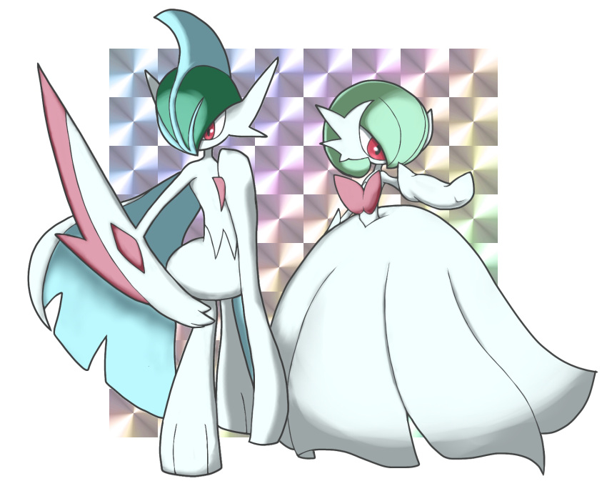 1boy 1girl arm_at_side arm_blade arm_up bangs blue_hair bob_cut border cape colored_skin commentary_request dress elbow_gloves flat_chest full_body gallade gardevoir gloves gradient gradient_background green_hair hair_over_one_eye hand_up highres mega_gallade mega_gardevoir mega_pokemon mohawk monya multicolored_hair one_eye_covered outside_border outstretched_arm pokemon pokemon_(creature) red_eyes short_hair standing strapless strapless_dress two-sided_cape two-sided_fabric two-tone_hair weapon white_border white_cape white_dress white_gloves white_skin