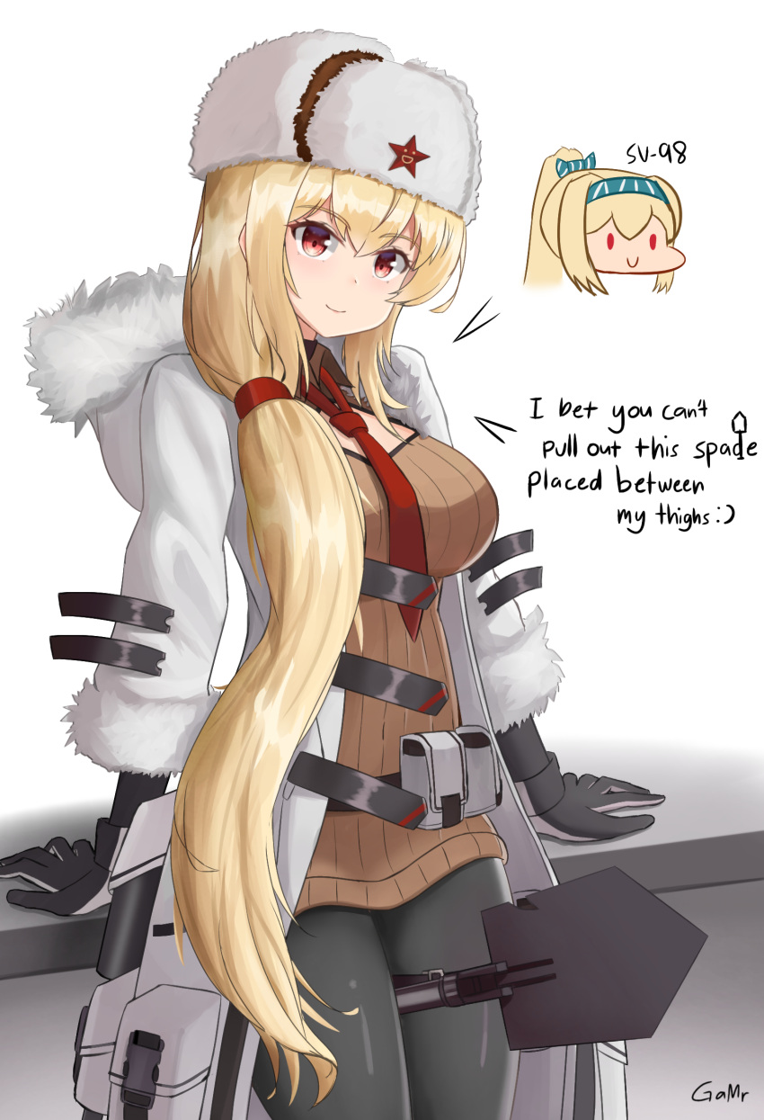 1girl arms_behind_back artist_name bangs belt_bag black_gloves black_legwear blonde_hair blush breasts brown_sweater closed_mouth coat cosplay english_commentary english_text eyebrows_visible_through_hair feet_out_of_frame fur-trimmed_coat fur-trimmed_sleeves fur_trim gamryous girls'_frontline gloves hat hat_ornament highres long_hair long_sleeves looking_at_viewer medium_breasts mod3_(girls'_frontline) mosin-nagant_(girls'_frontline) mosin-nagant_(girls'_frontline)_(cosplay) necktie open_clothes open_coat pantyhose papakha red_eyes red_necktie red_star shovel smile solo standing star_(symbol) star_hat_ornament sv-98_(girls'_frontline) sweater white_background white_coat white_headwear