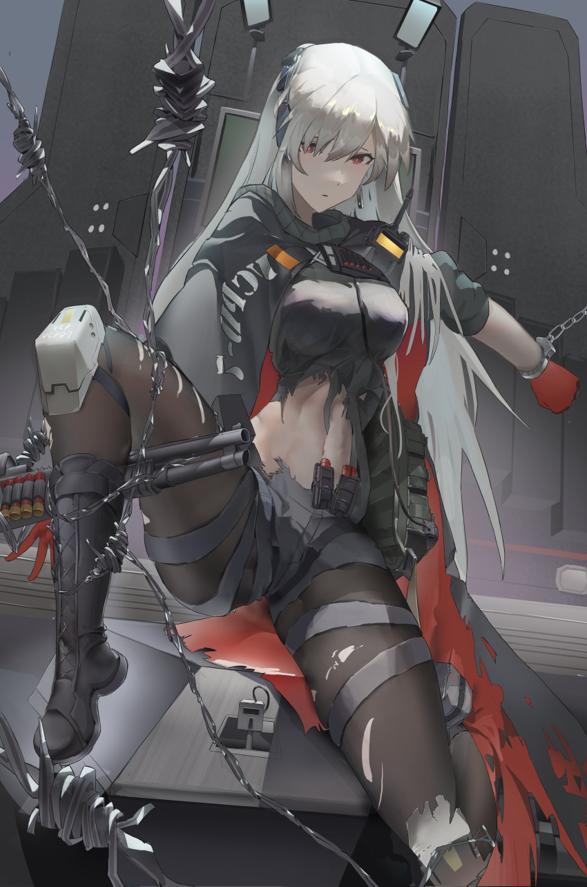 1girl absurdres bangs black_shirt boots breasts chinese_commentary closed_mouth commentary_request cuffs evelyn_(girls'_frontline_nc) full_body girls'_frontline girls'_frontline_neural_cloud gloves grey_hair grey_shorts gun hair_between_eyes hair_over_one_eye highres knees large_breasts legs linea_alba long_hair looking_at_viewer midriff navel pantyhose red_eyes red_gloves restrained sail_(apha7775) serious shackles shirt shorts shotgun shotgun_shell sitting solo spread_legs swept_bangs thighs torn_clothes torn_legwear torn_shirt weapon