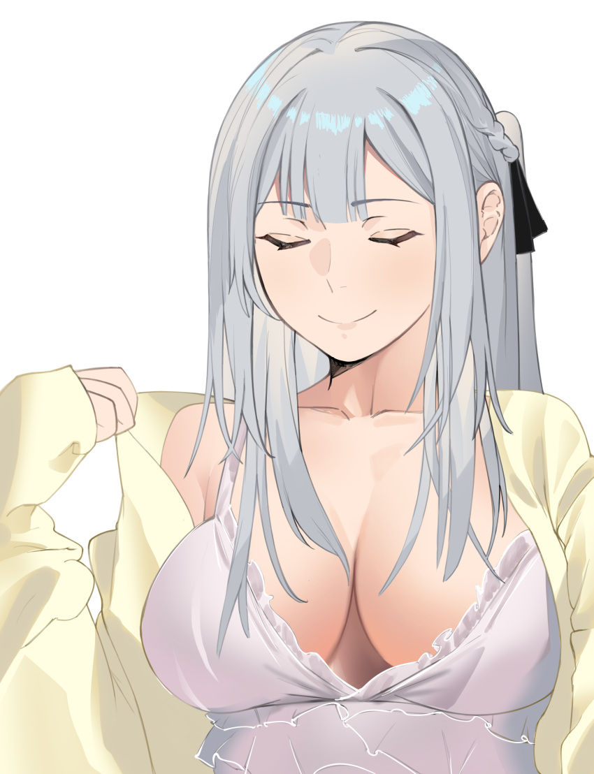 1girl absurdres ak-12_(girls'_frontline) bangs black_ribbon braid breasts closed_eyes closed_mouth collarbone eyebrows_visible_through_hair girls'_frontline grey_hair hair_ribbon highres long_hair medium_breasts nightgown open_clothes open_robe ribbon robe side_braid smile solo talnory upper_body white_background white_nightgown yellow_robe