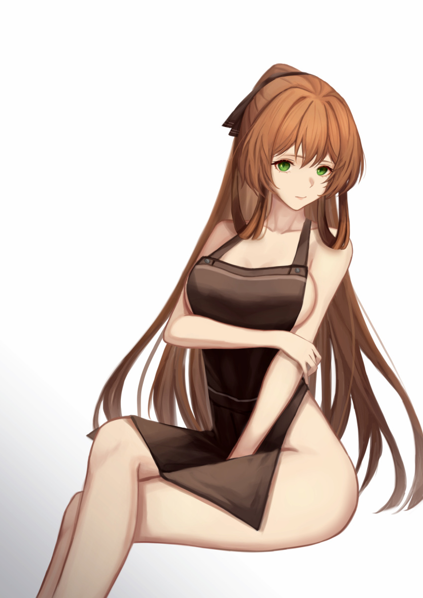 1girl add_leir alternate_costume apron bangs bare_shoulders breasts brown_apron brown_ribbon chinese_commentary closed_mouth collarbone crossed_arms crossed_legs english_commentary eyebrows_visible_through_hair feet_out_of_frame girls'_frontline green_eyes hair_ornament hair_ribbon hand_on_arm highres legs lips long_hair looking_at_viewer medium_breasts orange_hair ribbon sitting solo springfield_(girls'_frontline) thighs white_background