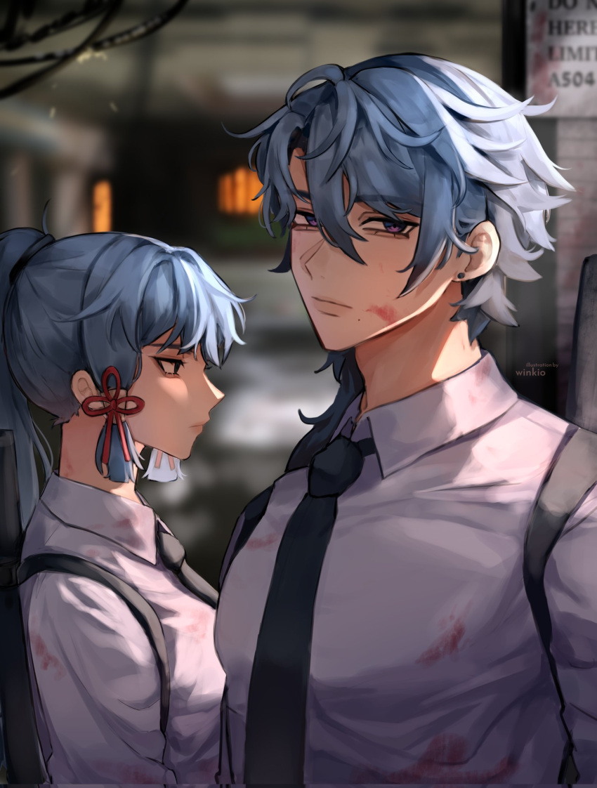 1boy 1girl alternate_costume bangs black_necktie blood blood_on_clothes blood_on_face blue_hair blunt_bangs blurry blurry_background brother_and_sister collared_shirt earrings empty_eyes english_commentary expressionless eyebrows_visible_through_hair genshin_impact hair_ornament hair_ribbon highres jewelry kamisato_ayaka kamisato_ayato long_hair looking_at_viewer mole mole_under_mouth necktie ponytail purple_eyes ribbon shirt siblings sidelocks tassel tassel_hair_ornament tress_ribbon upper_body wing_collar winkio