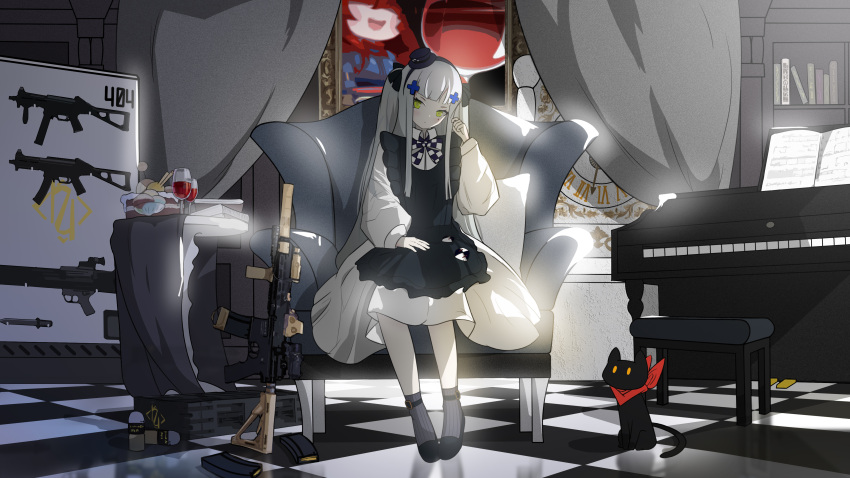 1girl absurdres armchair assault_rifle bangs bingzhi_juzi black_cat black_dress black_footwear black_hairband black_ribbon bow bowtie cake cat chair checkered_bow checkered_bowtie checkered_clothes checkered_floor chinese_commentary closed_mouth cup dial dress drinking_glass eyebrows_visible_through_hair food full_body girls'_frontline green_eyes gun h&amp;k_hk416 hair_ornament hair_ribbon hairband hairclip hat highres hk416_(black_kitty's_gift)_(girls'_frontline) hk416_(girls'_frontline) instrument knife long_hair long_sleeves looking_at_viewer magazine_(weapon) mini_hat official_alternate_costume piano picture_(object) ribbon rifle shoes sitting socks solo submachine_gun teardrop_facial_mark teardrop_tattoo twintails weapon weapon_rack weapon_removed weapon_request white_hair wine_glass younger